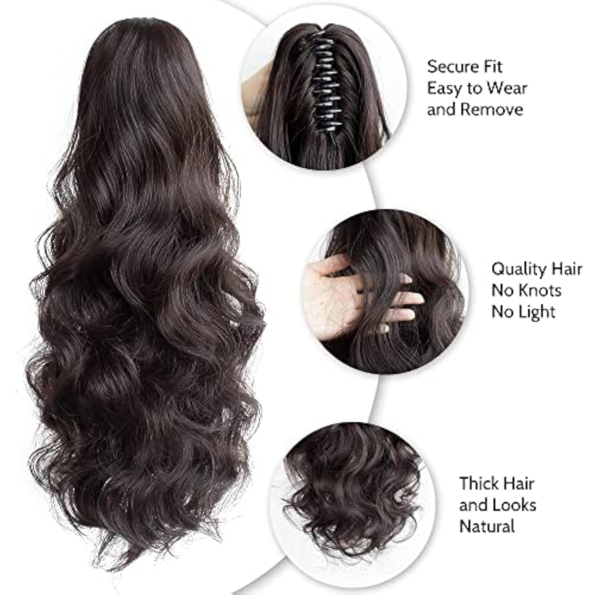 Wavy 22 Inch Long Brown Ponytail Claw Hair Extension