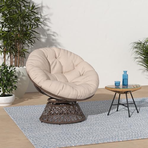 Bme 40" Ergonomic Wicker Papasan Chair with Soft Thick Density Fabric Cushion, High Capacity Steel Frame, 360 Degree Swivel for Living, Bedroom, Reading Room, Lounge, Sepia Sand - Brown Base - view 1