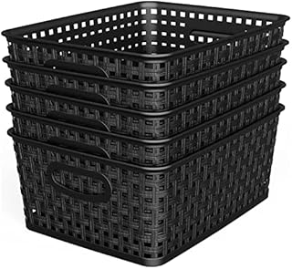 Bekith 5 Pack Woven Plastic Storage Basket Black Rectangle Basket Bin Weave Storage Organiser with Handle for Bathroom Kitchen Bedroom, 25x17x11cm