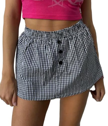 Womens Plaid Mini Skirts Y2k Gingham Boxer Short Skirt Cute Checked Striped Print Low Waist Skirts Going Out