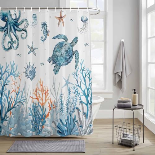 JQZDFBGN Shower Curtain for Bathroom Summer Sea Turtles Eight-Clawed Fish