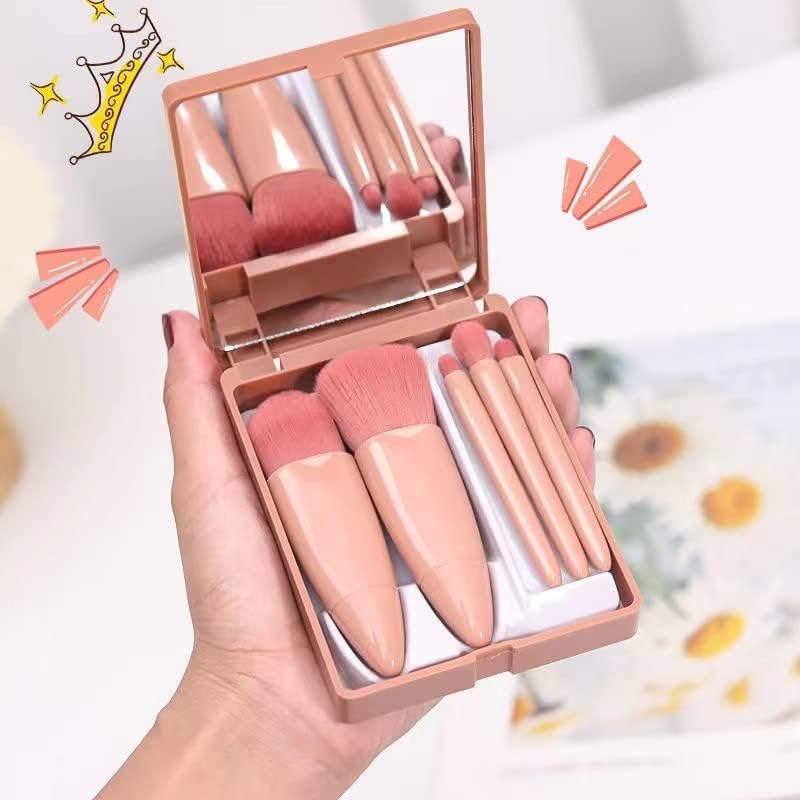 Image of Professional 5 in 1 Mini Makeup Brush Kit with Mirror Face Eye Shadows Blush Cosmetic Case Set Foundation Blending Brushes Travel Kit Cleanser Tools for Women Girls Female