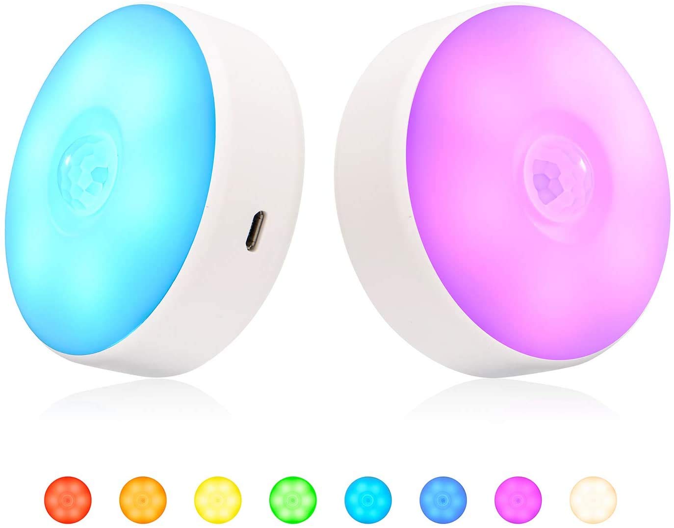 Motion Sensor LED Night Light, Rechargeable, 8 Colors, 3 Modes, for Bedroom, Hallway, Cabinet, Closet, Stairs, Bathroom, Magnetic Stick Anywhere (2 Pack White)