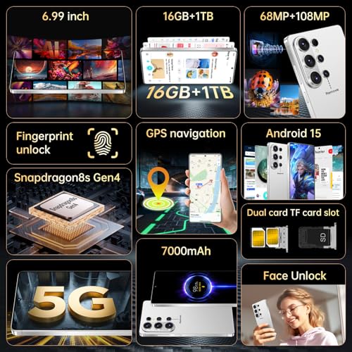 Image of SZV 26 Ultra Unlocked Cell Phone,16+1TB 5G Unlocked Phone, Built in Pen Android 15 Battery 7000mAh 6.99 inch HD Screen Smartphone, Dual SIM /Face ID /Fingerprint Lock /GPS (White, 16+1TB)