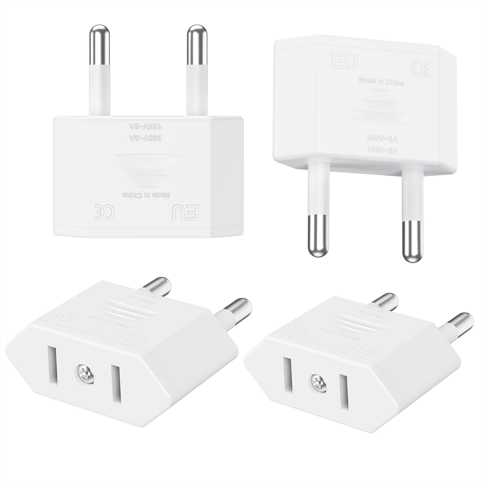 4 Pièces Adaptateur Prise USA vers France, Adaptateur Prise US vers EU (2 Broches) Prise Type A vers Type E/F pour Voyage Les États-Unis/Canada/Chine/Japon vers la France/l'europe - Blanc