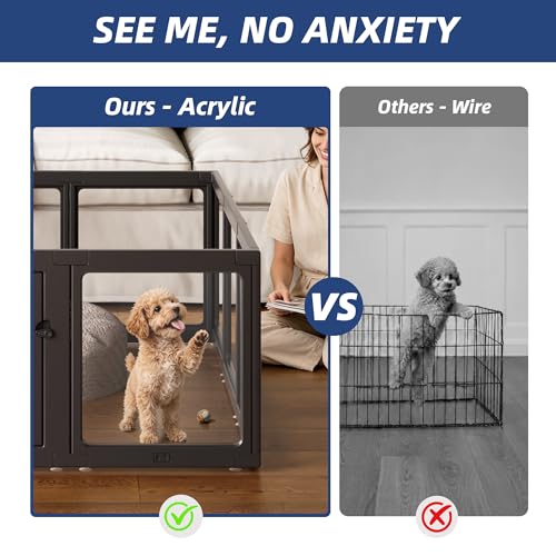 Image of Clear Acrylic Dog Playpen Indoor, Puppy Cat Small Pet Play Pen, Pet Cat Playpen for Rabbits, Dog Fence Crate Kennel Whelping Cage (O Series, 24 inch, Black, Door+Panel)