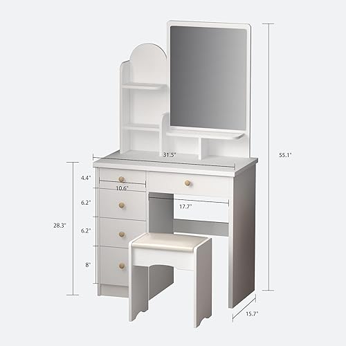 Miniatura 7 de ECACAD Juego de escritorio con espejo grande, tocador de maquillaje con 5 cajones, estantes de almacenamiento y taburete acolchado para dormitorio,