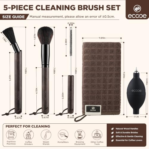 Image of ecooe 5Pcs Espresso Machine Coffee Grinder Cleaning Kit for Coffee Maker | Coffee Maker Cleaner Kit, Walnut Handle, Coffee Brushes /Air Blower /Microfiber Towel 5pcs set, Barista tools Gift for Baristal