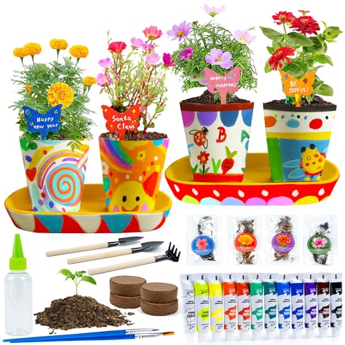 RGBDOT Kids Gardening Set Paint and Plant Stoneware Flower Gardening Kit with 4 Pots Arts and Crafts for Kids Ages 8-12 Best Children’s Day Gift for Girls Boys Ages 5 6 7 8 9 10