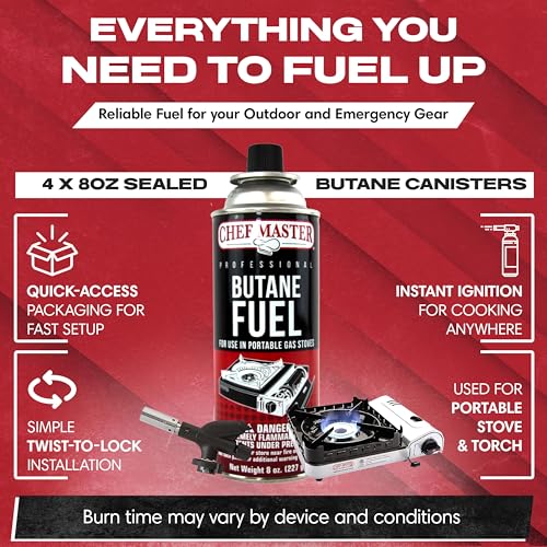 Chef Master 4x 8oz Butane Fuel Canister - Butane Refill for Kitchen Torch & Camp Stove - Gas Canister for Picnics, Outdoor Cooking, Grilling - Camping Stove, Torch Fuel Camping Essentials - 90340 - Image 5