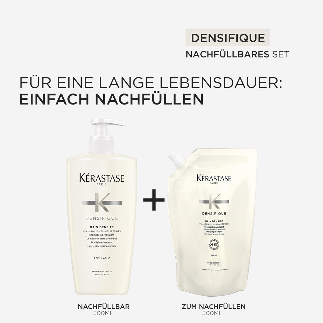 Kérastase Densifique Bain Densité Nachfüllset, Haarbad bei dünnem und dünner werdendem Haar, Enthält: Densifique Bain Densité 500 ml im Pumpspender sowie 500-ml-Nachfüllpackung