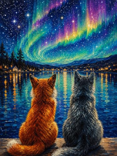 Image of MBNTJHT Cat Diamond Painting Kits for Adult Beginners,Aurora Scenery Diamond Art Kits for Adults,DIY 5D Full Drill Starry Night Gem Art and Crafts for Home Decor Gifts 12X16 Inch.