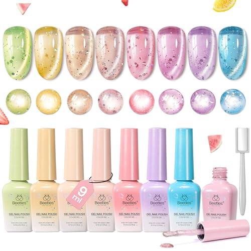 Image of Beetles Bubbly Mixology Cat Eye Gel Nail Polish Set - 8 Colors Pastel Spring Shimmer Glitter Gel Polish Kit Pink Blue Orange Green Yellow Purple Velvet Gel Soak Off UV DIY Manicure Gift for Women