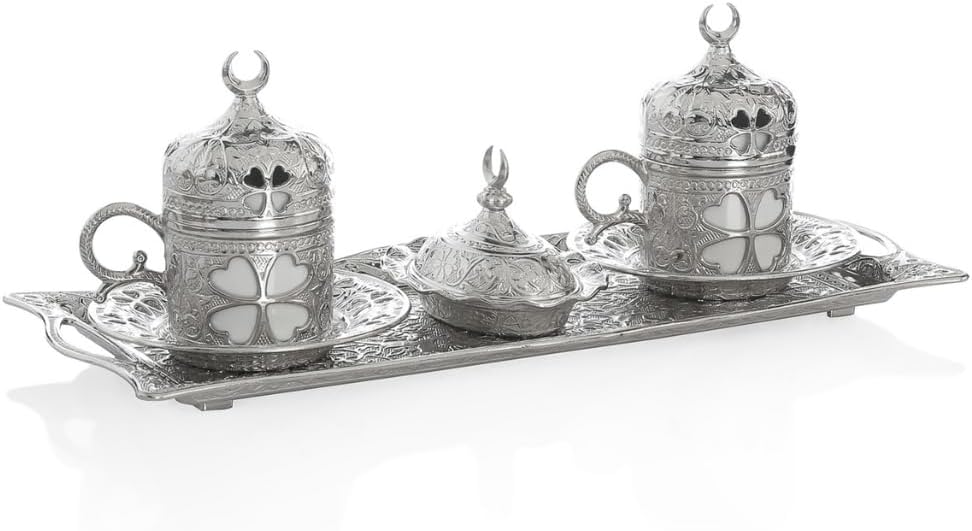 LaModaHome Turkish Coffee cup Set with Saucer, Lid, and Chocolate Bowl, Porcelain Arabic, Greek, Espresso Cups for Coffee lovers - Silver