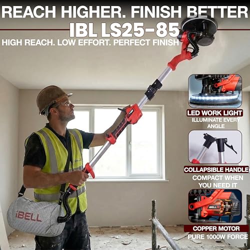 Image of IBELL IBL LS25-85 Drywall Sander 1000W Long Handle 9 inch /215mm Wall Sanding with Auto Dust Vacuum System, Foldable & Extendable Handle, 900-1800 RPM Variable Speed Ceiling Sander - 6 Months Warranty