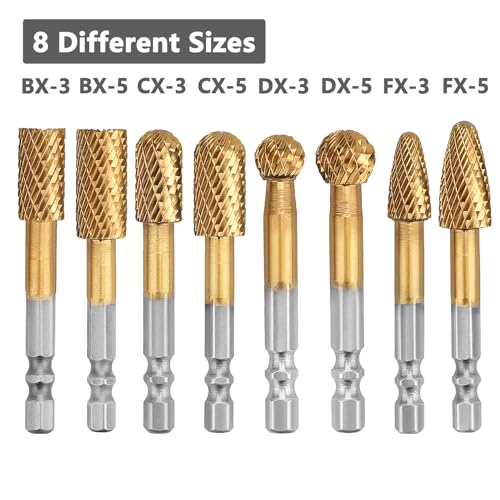 Image of 8Pack Carbide Burr Set (3 /8 & 1 /2 inch Diameter) with 1 /4 inch Hex Shank,Tungsten Carbide Rotary Burr Set for DIY Grinder Metal Wood Engraving Polishing Drilling Grinding Milling Cutting