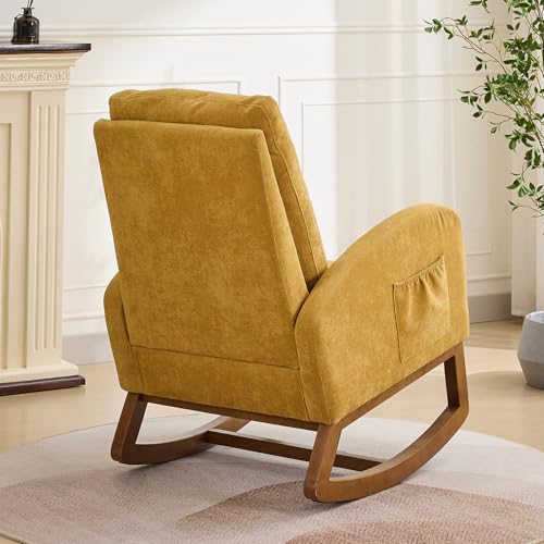 Image of Rocking Chair Nursery, Glider Rocking Accent Chair with Wood Legs, High Back Pocket Modern Upholstered Nursery Chair, Comfy Accent Rocker Armchair for Living Room Bedroom, Mustard Yellow