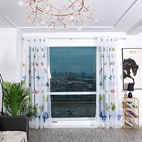 Boyouth Colorful Butterfly Pattern Print White Sheer Voile Curtains,Rod Pockets Curtains and Drapes for Bedroom,Study,Living Room,Blue,39 x 78 Inches,2 Panels Cover