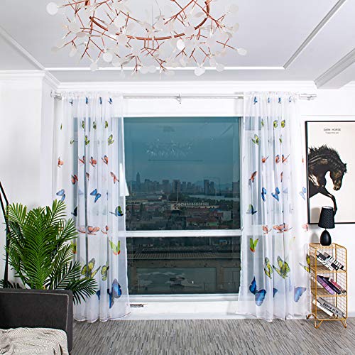Boyouth Lot de 2 rideaux en voile transparent avec motif papillon coloré - Poches à tringles - Pour chambre à coucher, bureau, salon, bleu - 100 x 200 cm