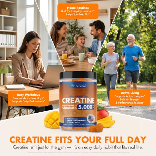 Image of Secret Element Creatine Monohydrate Gummies 5000 mg per Serving, Sugar Free Vegan Gummies, Non-GMO, Creatine Chews for Women & Men, 30 Servings, 120 Gummies, Mango Flavor