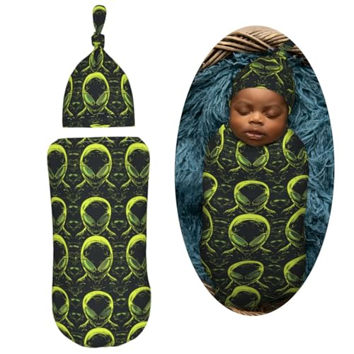 Image of Neon Green Aliens Head Newborn Swaddle Blankets Hat Sets Soft Baby Receiving Blanket Swaddle Sack for Baby Shower Infant Boy Girl Gift