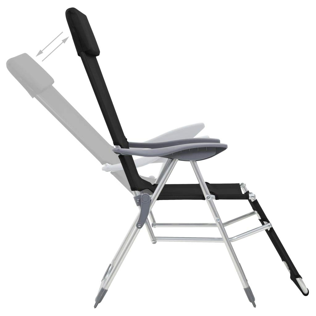 Klappbare Liegestühle mit Fußteil 2 STK. Schwarz Textilene, Verstellbare Campingliegen für Outdoor, Langlebige Aluminium Konstruktion und Atmungsaktives Gewebe