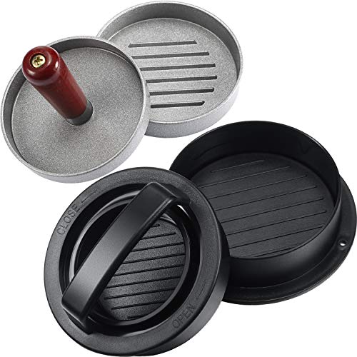 Juego de Prensa de Hamburguesa 2 Piezas, incluye Herramienta de Hacer Hamburguesa Antiadherente con 3 Tamaños Molde de Empanadas, Prensa de Hamburguesa con Mango Desmontable para Cocina Barbacoa