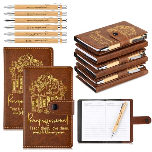 TaoBary 12 Pcs Paraprofessional Teacher Appreciation Gifts Bulk Graduation End of Year Gifts Brown A6 Leather Notebook Journal with Bamboo Ballpoint Pens for Teacher Administrator Supplies