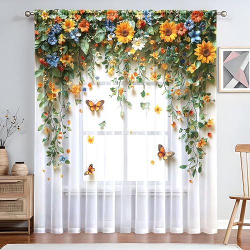 ENEN Rideau Voilage Lot de 2, Rideau Voile Imprimé 3D Papillon Translucides Rideaux Voilage Fenetre, Moderne Panneaux de Rideaux pour Chambre, Salon...