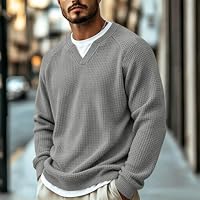Mens Waffle Knit Sweater Textured Long Sleeve V Neck Pullover Sweatshirt — image 3