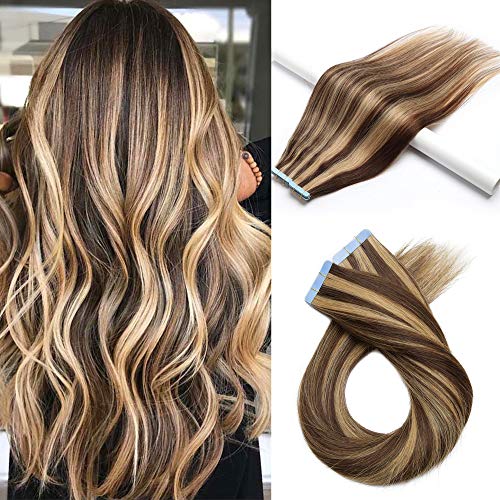 S-noilite Tape in Human Hair Extensions Blonde Balayage 18 Inch 50g 20pcs Double Sided Tape on Hair Extension Medium Brown&Dark Blonde #4/27
