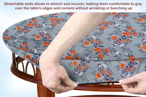 Image of The Furnishing Tree Elastic Oval Center Table Cover WxL 18x60 in Inches Polyester Floral Pattern Blue