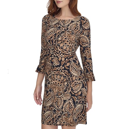 Image of Tommy Hilfiger Women's 3 /4 Ruffle Trim Sleeve Round Neck Jersey Shift Mini Dress