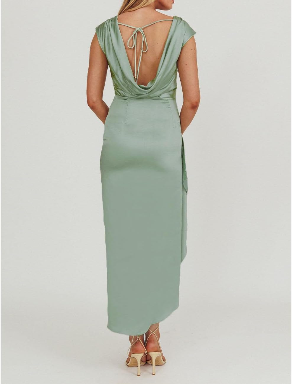 Summer Satin Cap Sleeve Cowl Back Maxi Dresses for Women Elegant Backless Ruffle High Split Tie Back Cocktail Dress - Image 2
