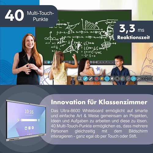 polyboard - Interaktives Whiteboard 86 Zoll mit Video-Kamera, Google-EDLA & Office (4K UHD) 2.4G WiFi - Digitales Smart-Board & Tafel für Schule & Unternehmen - Flipchart Monitor Touch-Screen