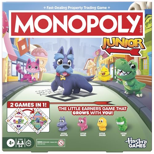 Monopoly Jeu de société junior (édition 2026) | 2 jeux en 1 pour jeunes enfants, plateau double face | À partir de 4 ans | 2 à 4 joueurs | 20 minutes |...