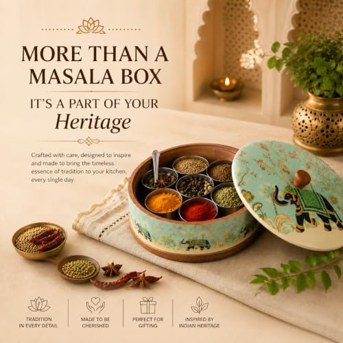 Image of Premium Wooden Masala Box with 7 Stainless Steel Spice Containers & Spoon | Traditional Elephant Print Spice Organizer | Wooden Masala Dabba for Kitchen Storage & Dining