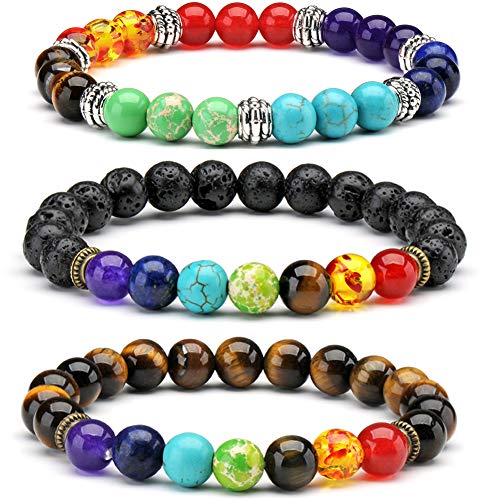 3 x Pulsera de Piedras Semi-Preciosas 7 Chakra Reiki Energy Meditation Terapia de curación Pulseras de Yoga Pulseras de Equilibrio