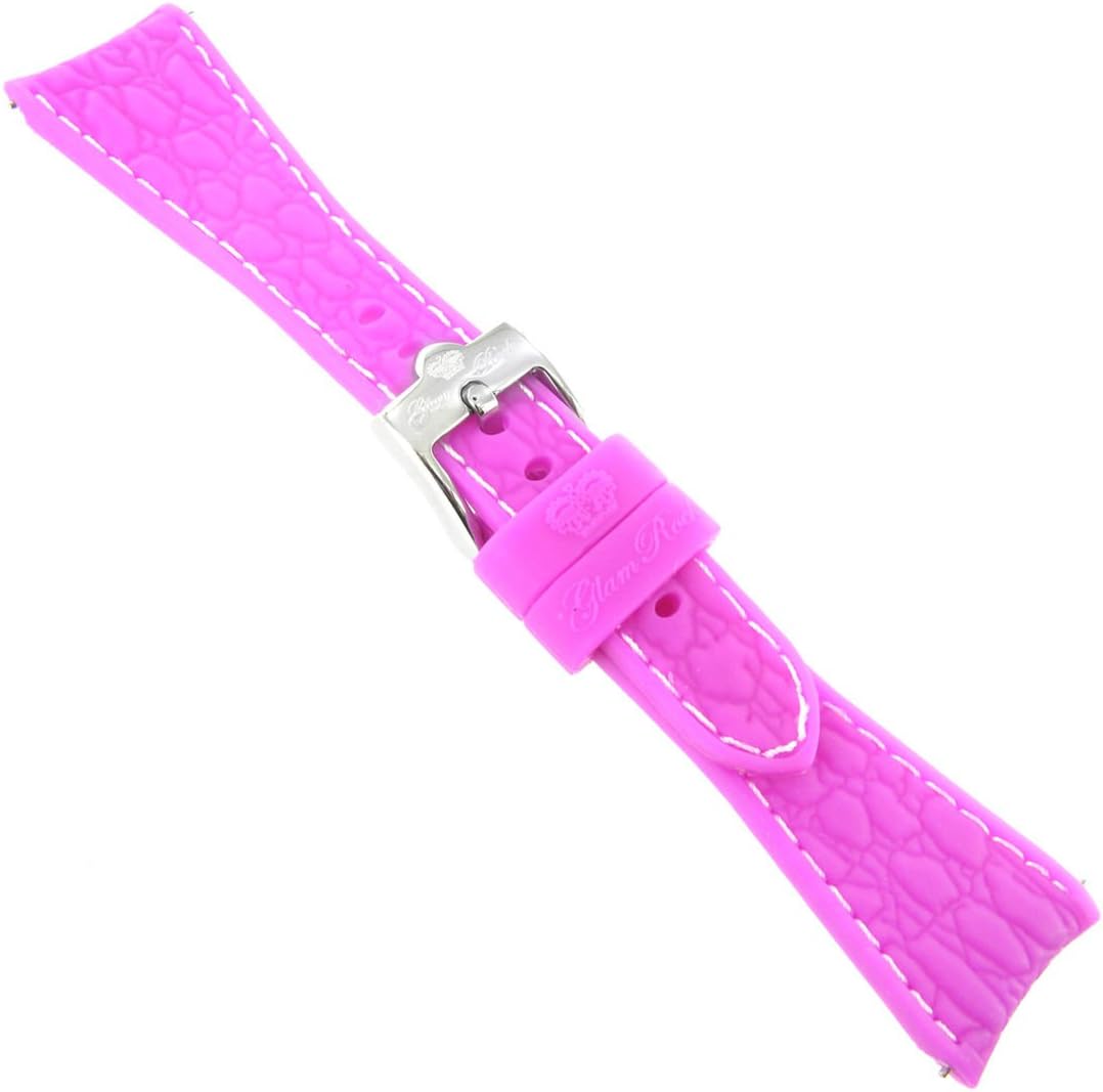 22mm Glam Rock Magenta Soft Silicone with White Stitching Curved Ends Watch Band