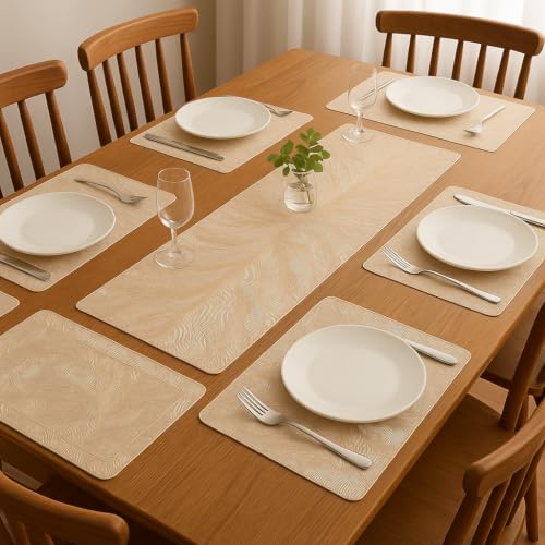 Image of Dakshya Industries PVC Waterproof Table Placemat & Table Runner Combo Set | 6 Dining Table Mats + 1 Runner | Heat Resistant, Washable, Non-Slip Table Mat Set (Urban Dining)