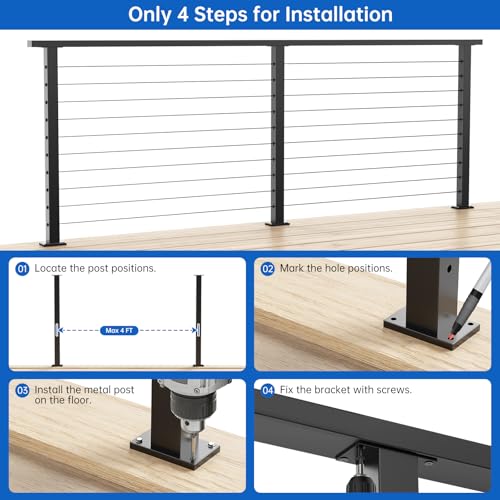 Image of 36 inch Swageless Level Cable Railing Post for Deck Cable Railing, T304 Stainless Steel Surface Mount 180 Drilled Deck Post with Upgraded Black Powder Coating for Indoor Outdoor Porch