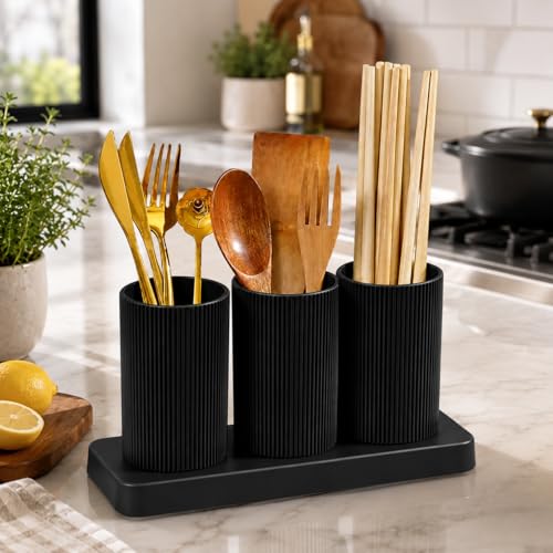 Image of E-COSMOS Plastic Self-Draining Cutlery Holder - Multi-Slot Utensil Drying Rack and Storage Organizer for Spoons, Knives, and Forks - Non-Slip Kitchen Countertop Caddy, 23x8x12 cm, Black