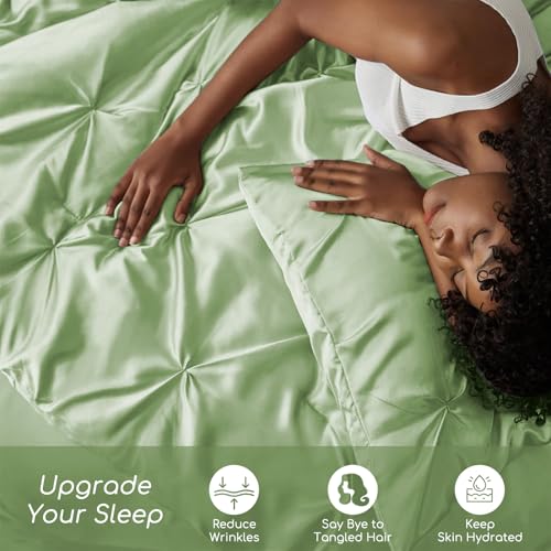 MR&HM Satin Comforter King 7 Pieces - Luxurious Pinch Pleat Bedding Set with Comforter, Flat Sheet, Fitted Sheet, Pillowcases & Shams, Super Silky Soft Bed Set for All Season (King, Light Sage)