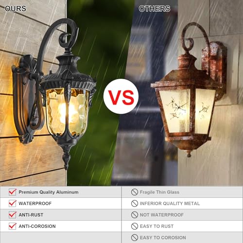 Outdoor Wall Lights, Waterproof Aluminum Porch Wall Light for Outside House, Patio, Yard, Garden, Black Gooseneck Exterior Wall Sconce, Hardwired Outdoor Acorn Shape Lantern Lamp, Water Ripple Glass