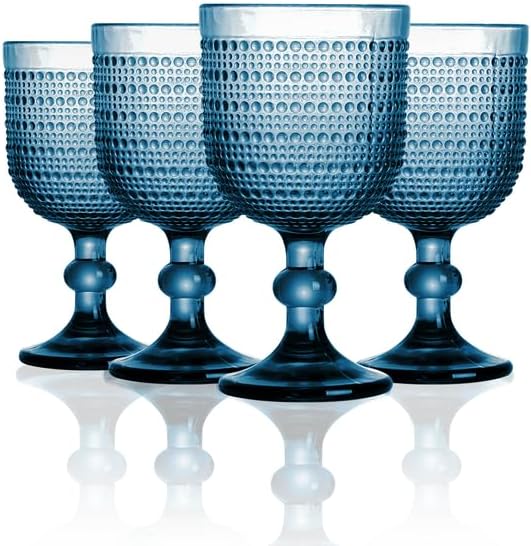 Copas de vino vintage azules de 12 onzas, juego de 4 vasos de copas, copas en relieve para boda, fiesta, cena, bar