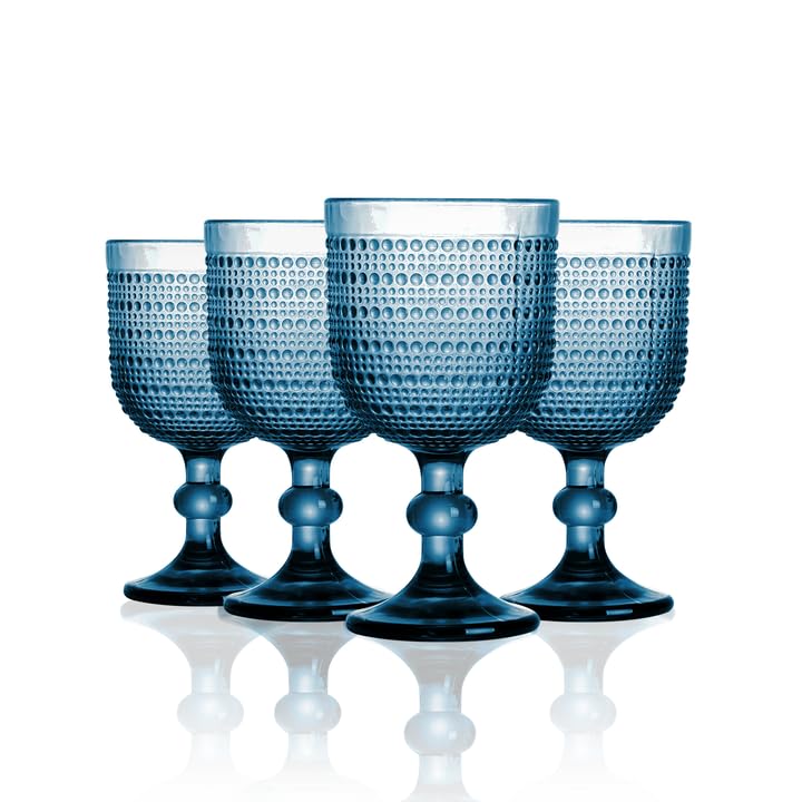 GOROGILE 12 oz Blue Vintage Wine Glasses,Hobnail...