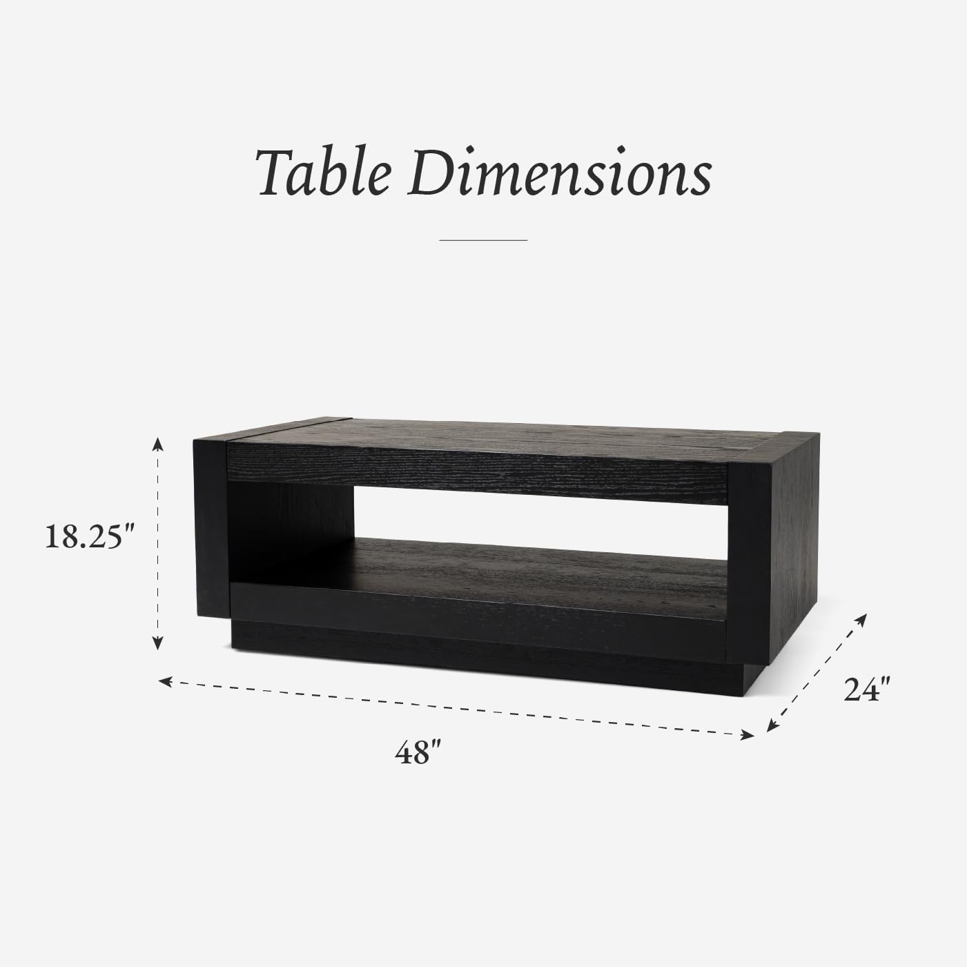 Maven Lane Artemis Coffee Table – 18 Inch Rectangle Table with Storage – Black Solid Wood – Ideal for Living Room and Lounge
