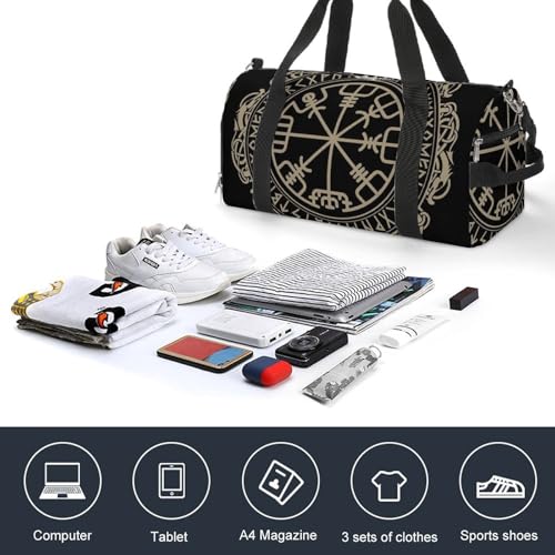 Black Celtic Viking Design Magical Runic Compass Vegvisir in The Circle of Norse Runes And Dragons Tattoo Decorative A Fitness Bag with Large Storage Space Is Suitable for Portable Outdoor Use4
