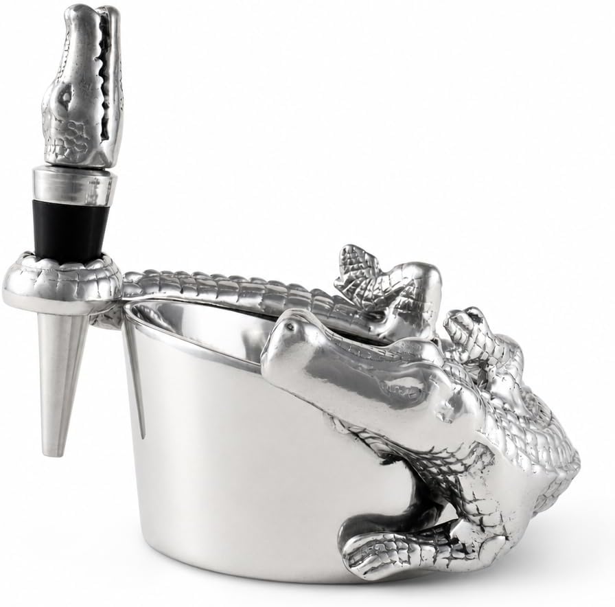 Arthur Court Alligator Wine Coaster and Stopper Set - Polished Aluminum Barware - 4 Inch Diameter, 3.5 Inch Tall