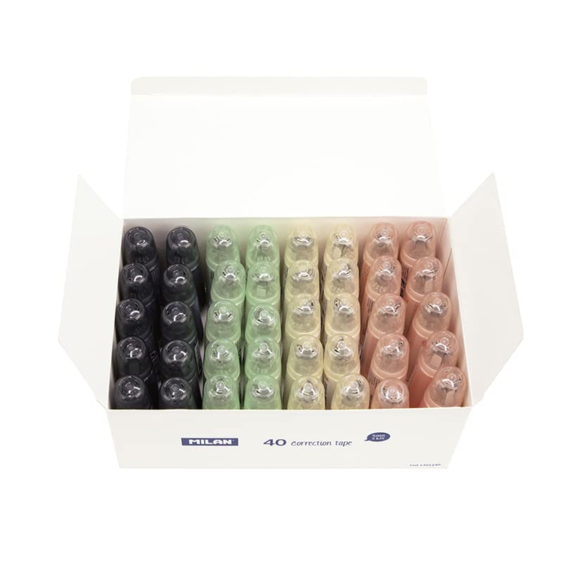 Correctoras marca MILAN modelo Milan Pack de 40 Cintas Correctoras Cilindricas - Medidas 5mm x 6m - Correctora en Seco - Para todo Tipo de Papel - Colores Surtidos